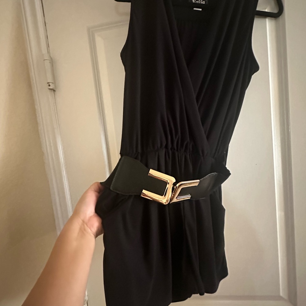 Black Sleeveless romper with Gold Buckle Belt